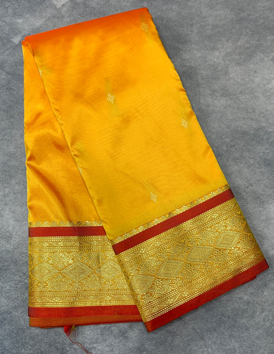 Mango Yellow Shade Saree with Golden and Red Border