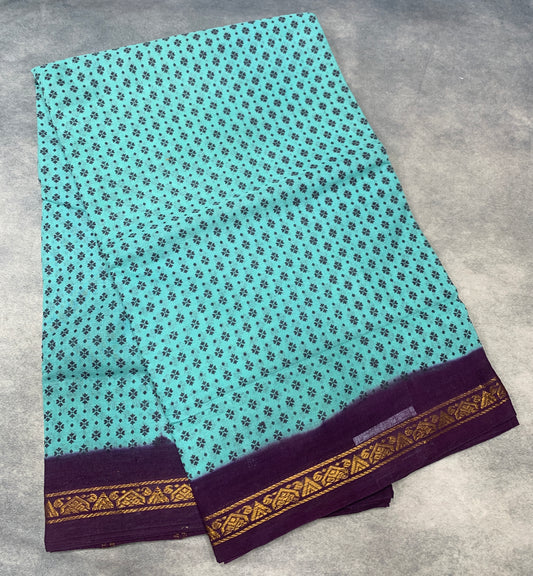 9 yards Cotton Saree Aqua Blue Colour with Dark Purple Border