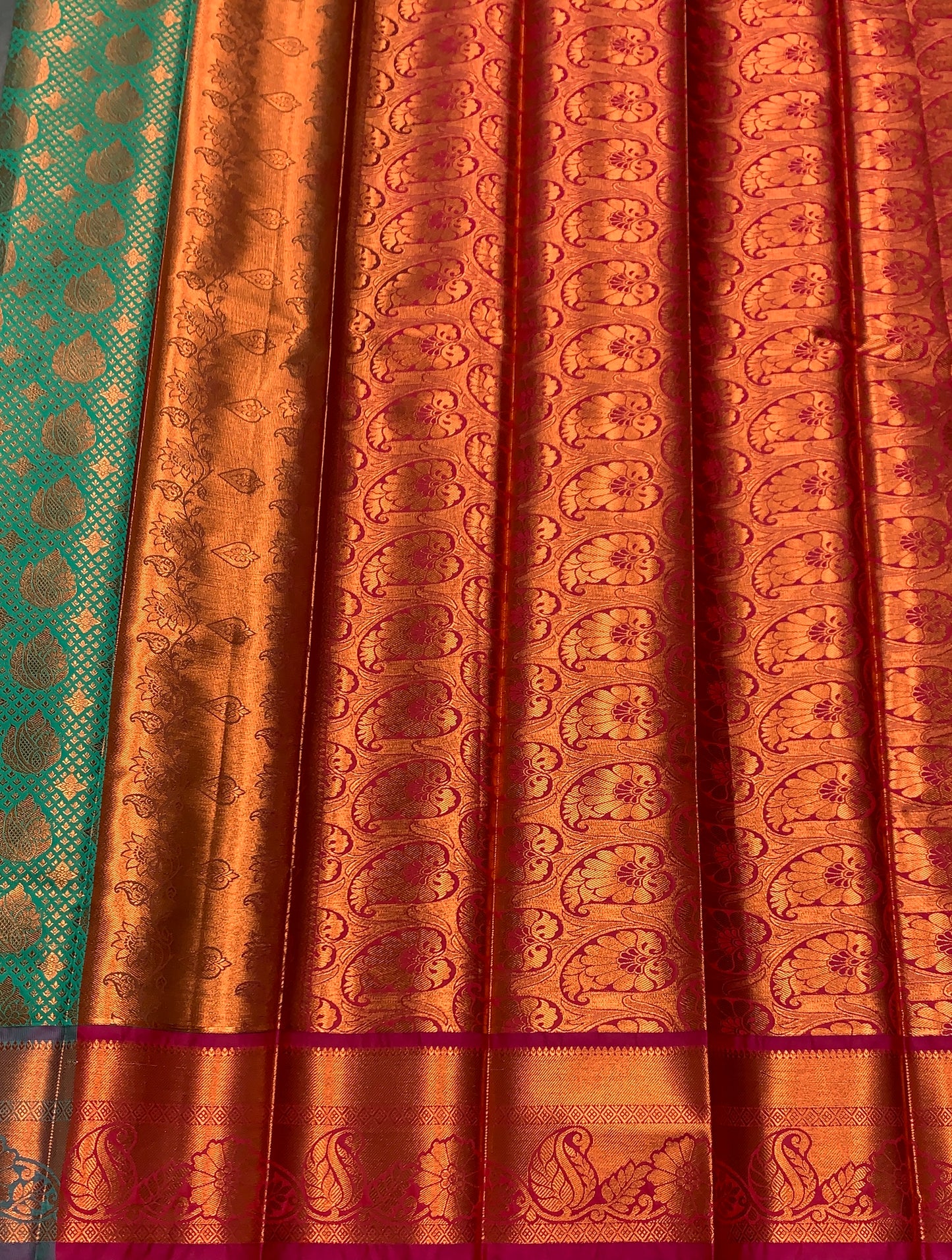 Vegan Silk Saree Light Green Colour with Pink and Copper Border