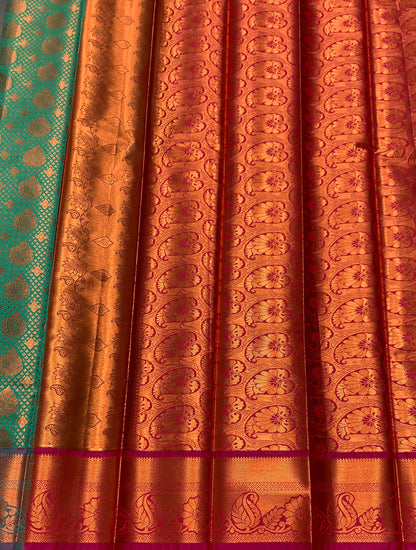 Vegan Silk Saree Light Green Colour with Pink and Copper Border