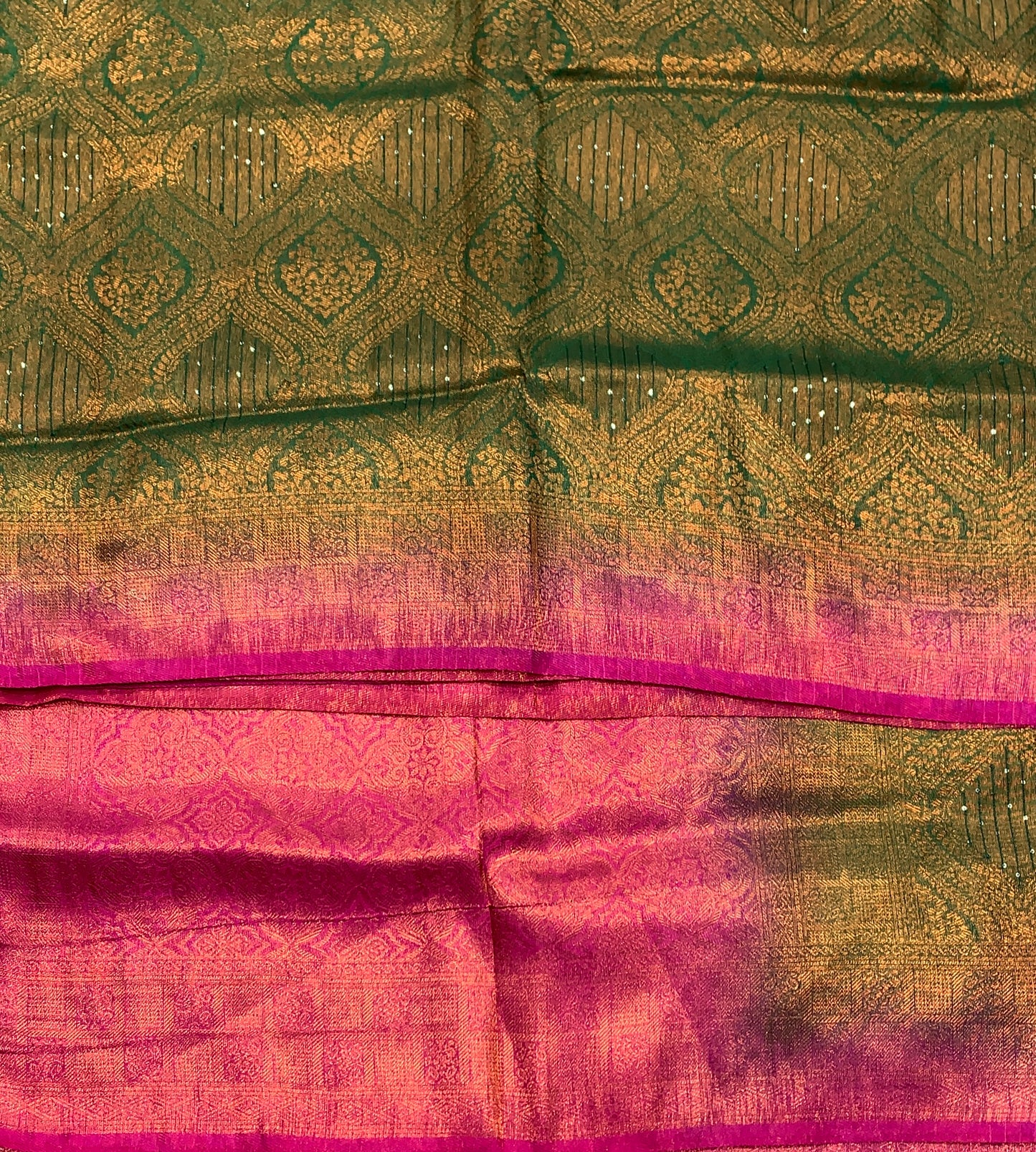 Soft Silk Saree Green Colour and Stone Work with Pink Colour Pallu