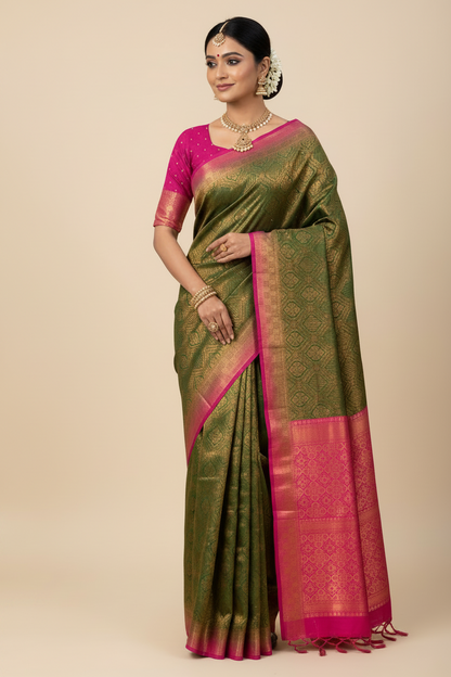Soft Silk Saree Green Colour and Stone Work with Pink Colour Pallu