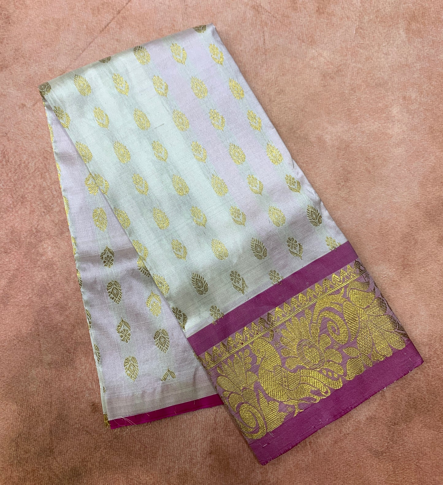 White shade Pure kanchipuram Kids Pattu Pavadai with contrast border for newborn to 2 Years