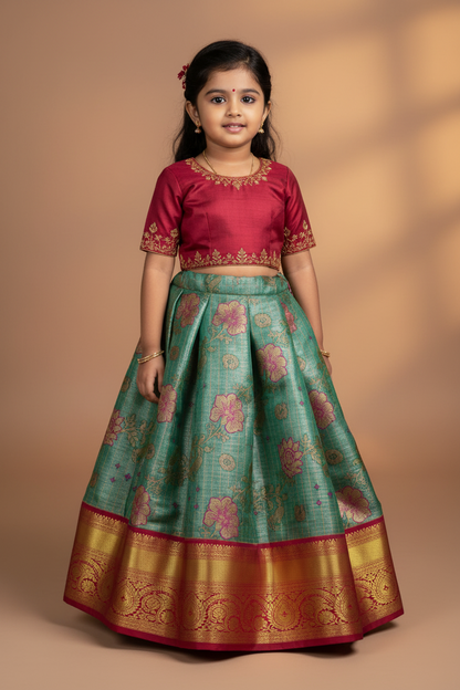 Emerald Green Shade Vegan Silk Kids Pattu Pavadai with Contrast border for age 2 to 5