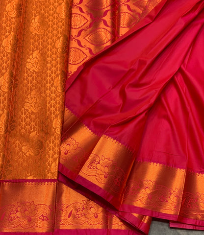 Vegan Silk Saree Golden Yellow Colour with Pink and Copper Border