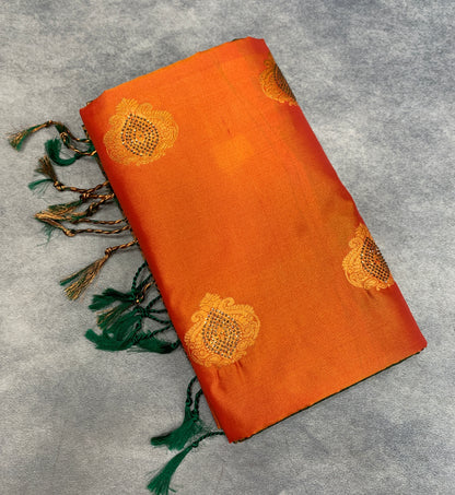 Soft Vegan Silk Saree Orange Colour with Brown and Copper Border