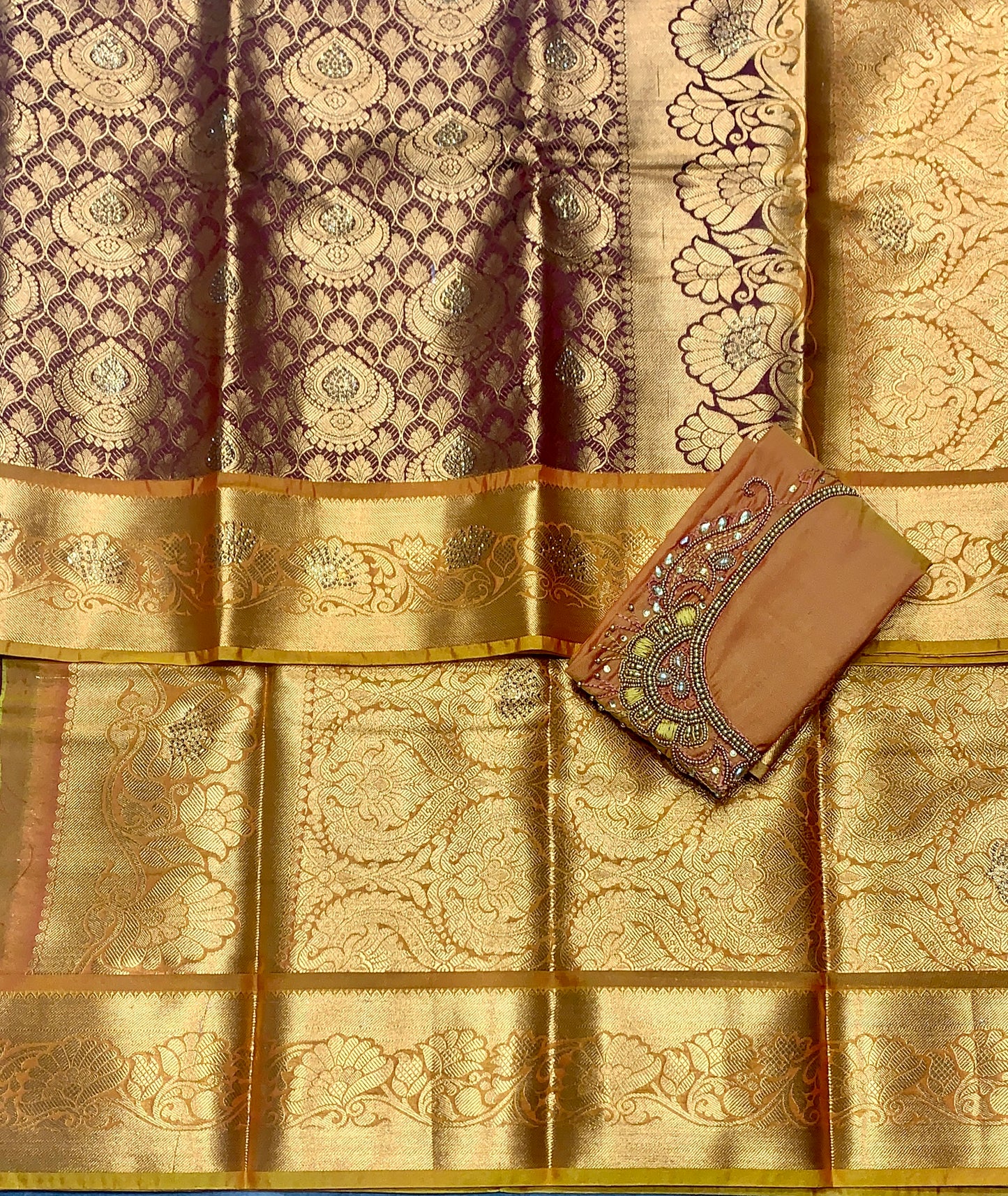 Bridal Vegan Silk Saree Brown shade with Golden Yellow Border with Unstitched blouse in Aari Work