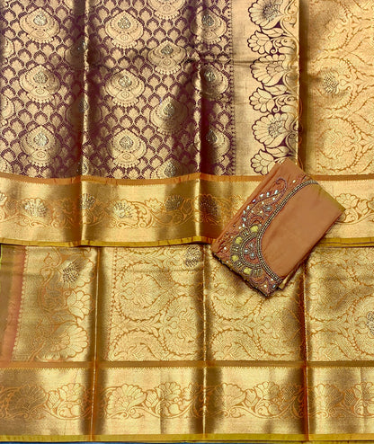 Bridal Vegan Silk Saree Brown shade with Golden Yellow Border with Unstitched blouse in Aari Work