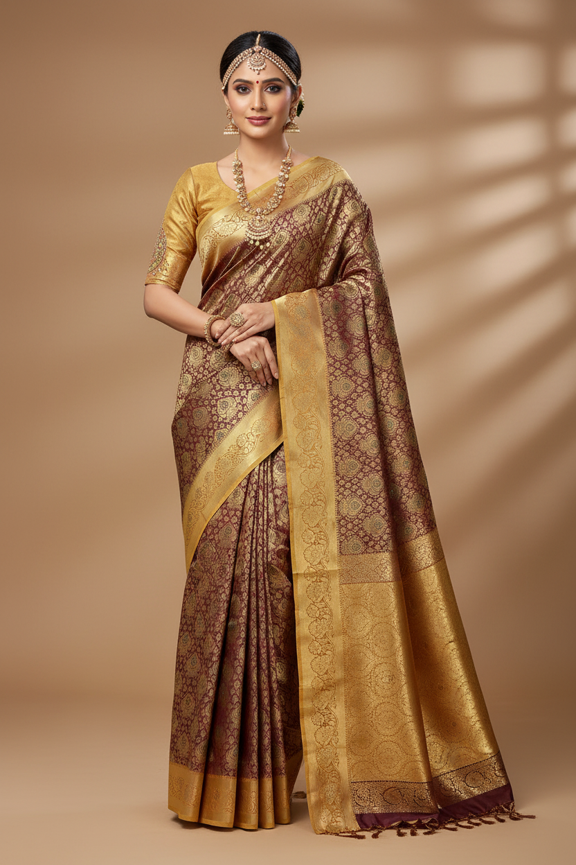 Vegan Silk Saree Maroon Colour with Copper and Golden Yellow Border