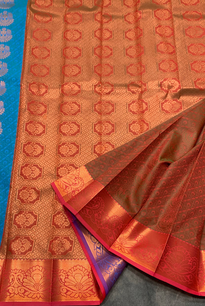 Vegan Silk Saree Blue Colour Saree with Copper and Floral Design