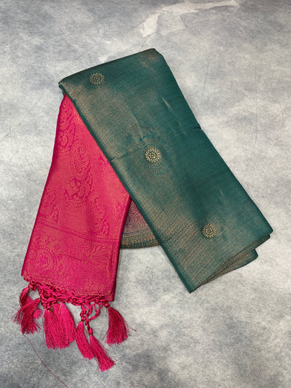 Soft Silk Saree Green Colour and Stone Work with Pink Colour Pallu