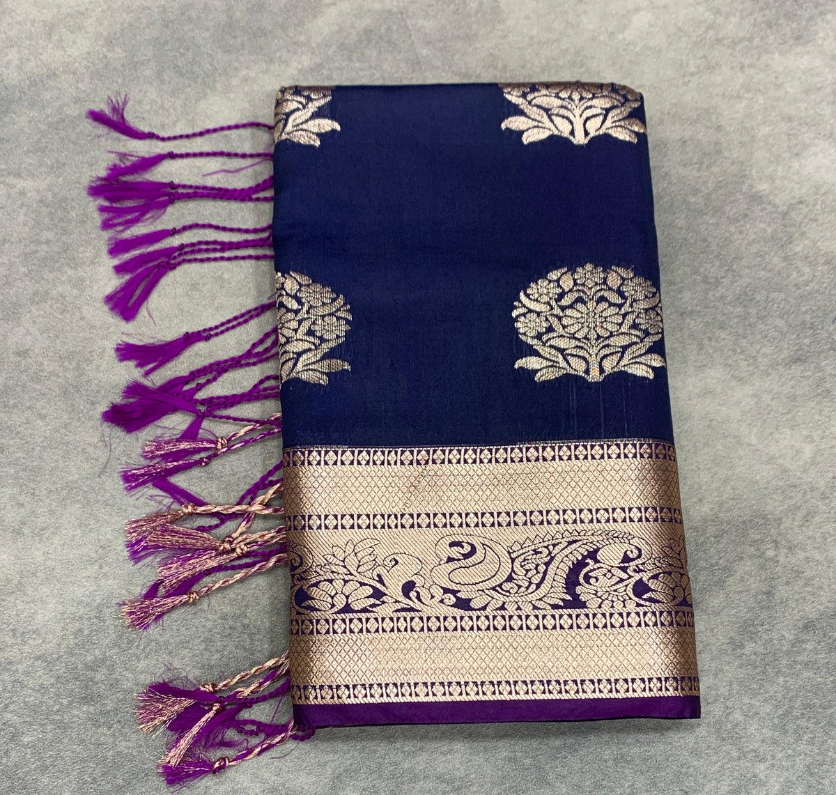 Art Silk Saree Navy Colour with Purple Colour Border