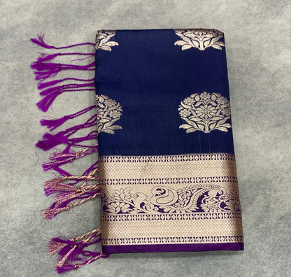 Art Silk Saree Navy Colour with Purple Colour Border