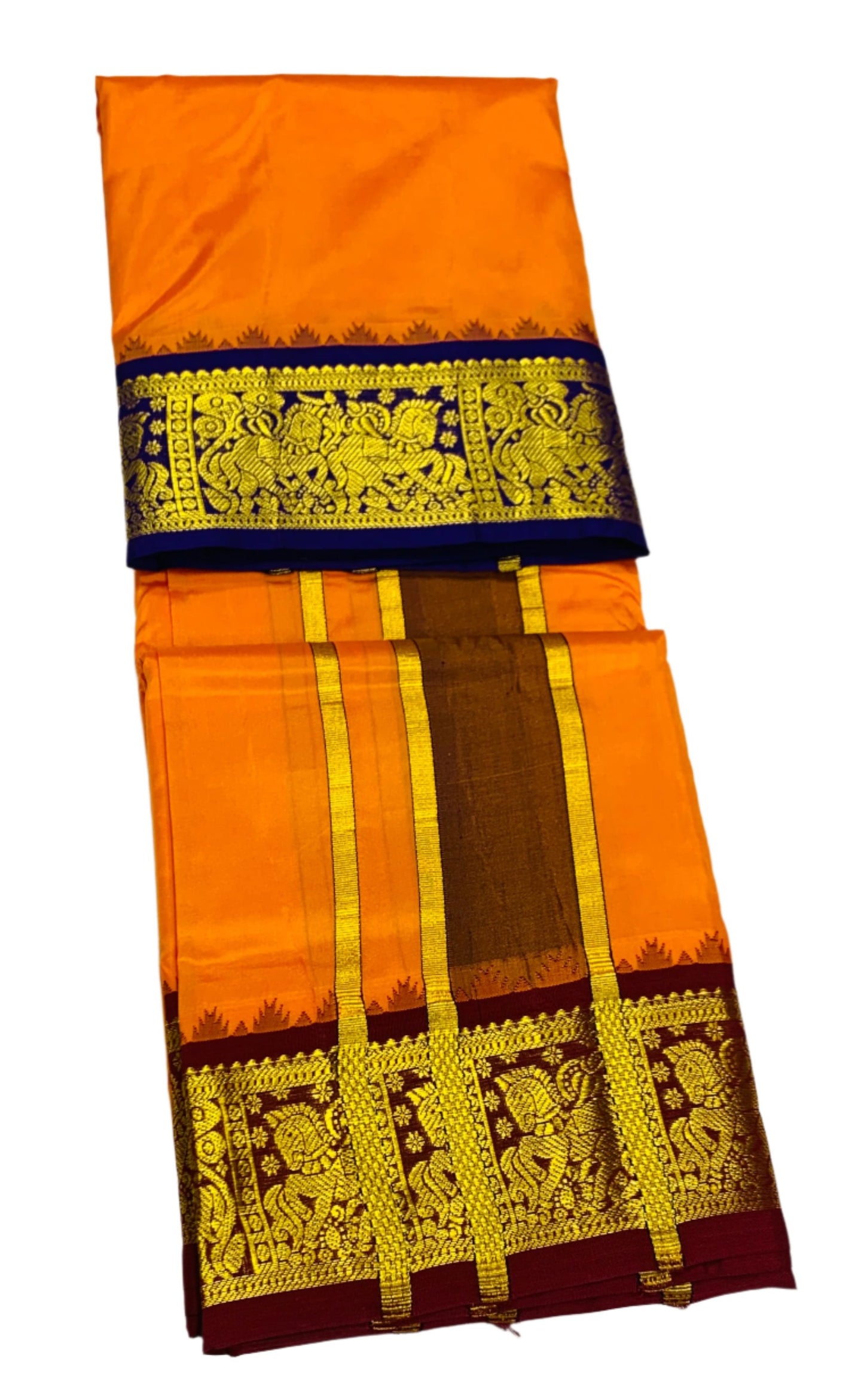 9X5 Pure Silk Dhoti Mango Yellow Colour Blue Border