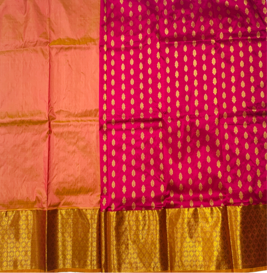 Pink shade Pure Kanchipuram Kids Pattu Pavadai with contrast border for age 5 to 10