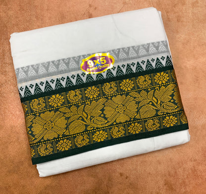 9X5 Cotton Dhoti White with Green and Maroon Ganga Jamuna Border