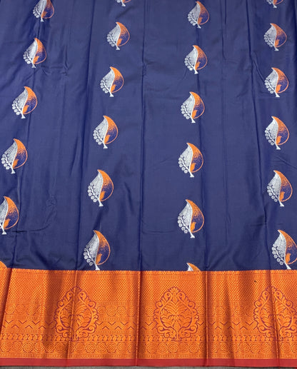 Soft Silk Casual Saree Navy Blue with Maroon Colour Border