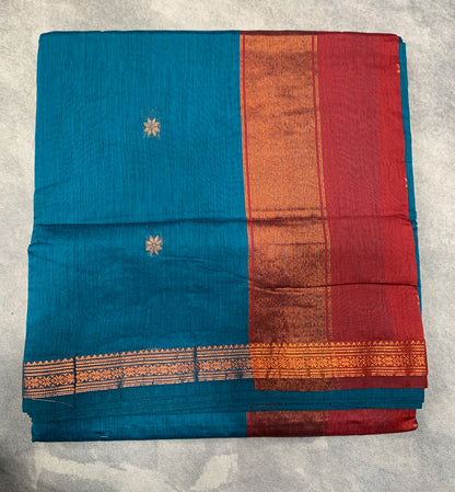 Peacock Green Colour Silk Cotton Saree with Copper Zari Border