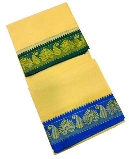 9X5 Cotton Dhoti Sandal Colour with Green and Blue Border