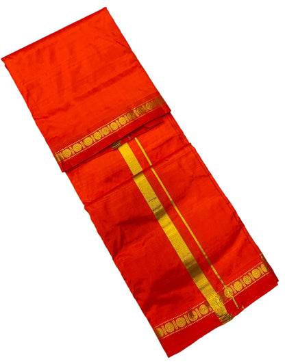 9X5 Pure Silk Dhoti Orange Colour with Small Border