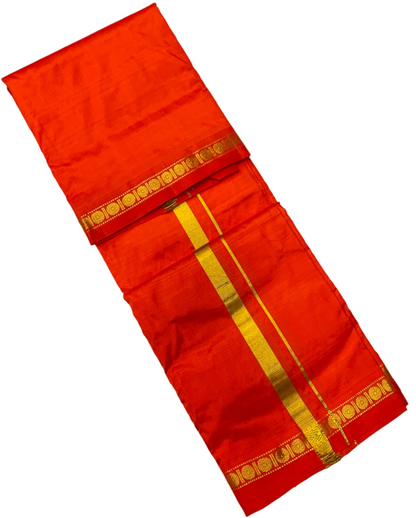 9X5 Pure Silk Dhoti Orange Colour with Small Border