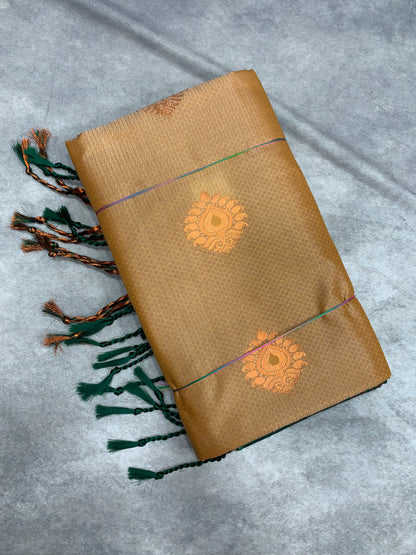 Soft Vegan Silk Saree Sandal Colour with Green and Copper Border