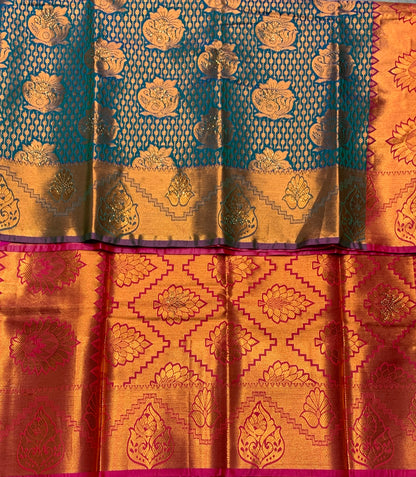 Vegan Silk Saree Rama Blue Colour with Copper and Magenta Border