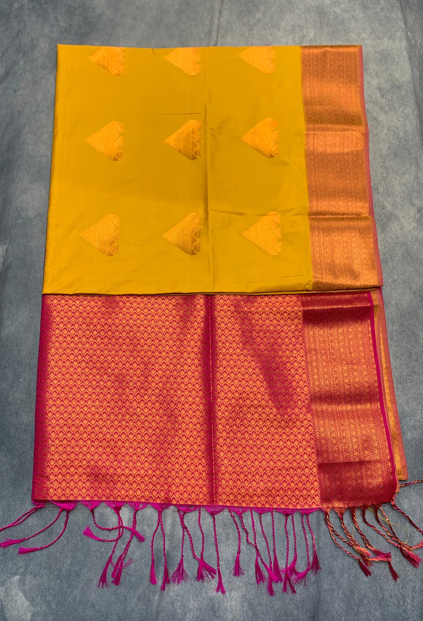 Soft Vegan Silk Saree Yellow Colour with Pink and Copper Border