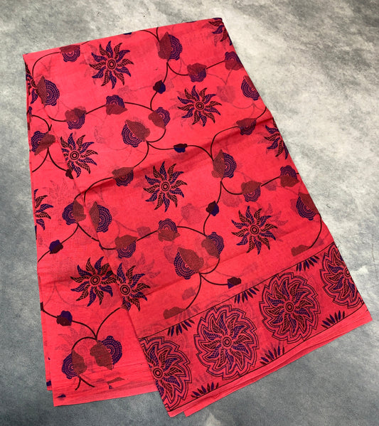 Chettinad Sungudi Cotton Tomato Pink Colour with Floral Design