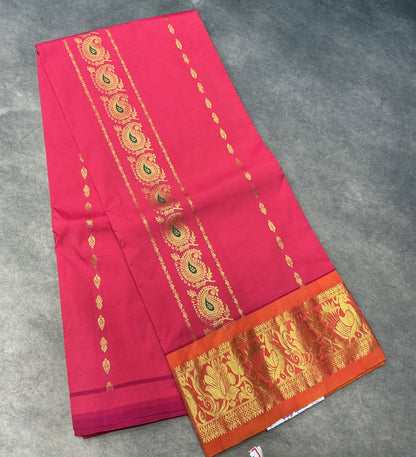 Tomato Pink shade Semi Silk Kids Pattu Pavadai with Contrast border for age above 10 years
