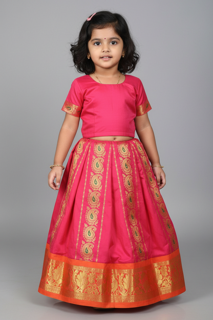 Tomato Pink shade Semi Silk Kids Pattu Pavadai with Contrast border for age above 10 years