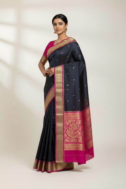 Block Colour Saree with Golden and Pink Border