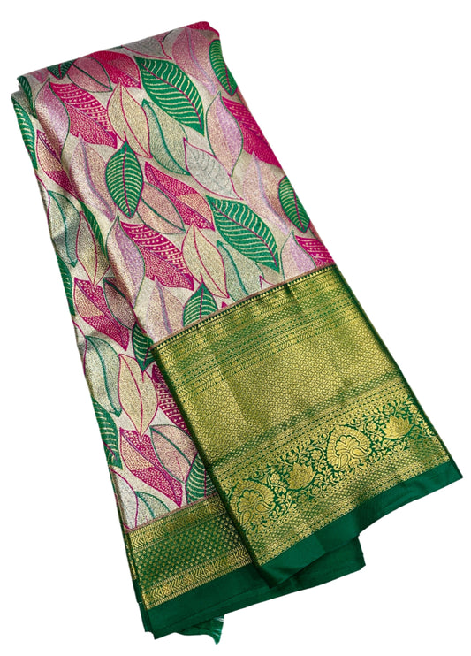 Green & Pink Leaf Soft Kanchi Tissue Pattu Saree with Green Border