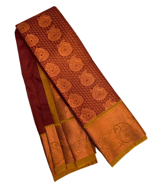 Vegan Silk Saree Maroon Colour with Golden and Glolden Yellow Border