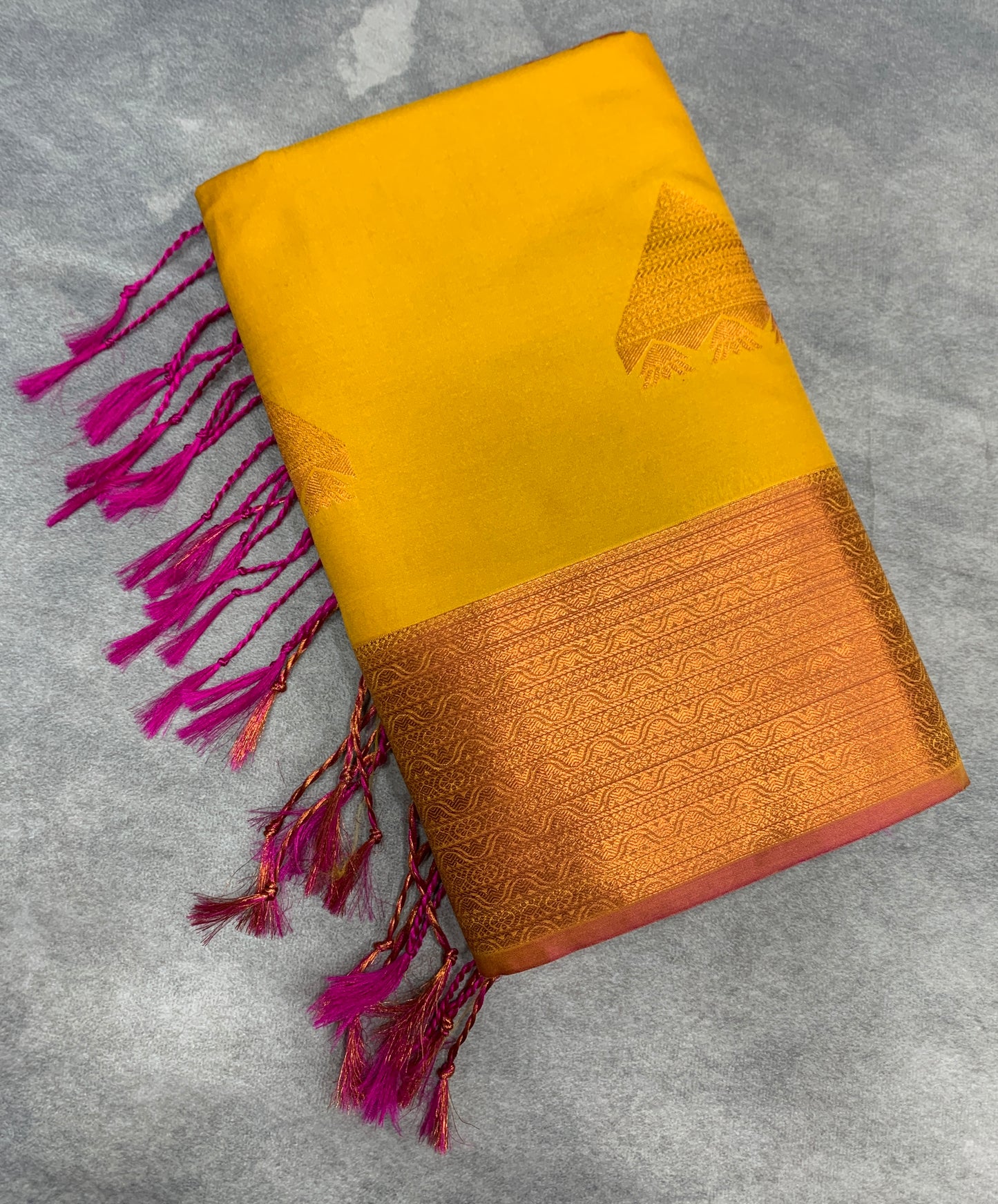 Soft Vegan Silk Saree Yellow Colour with Pink and Copper Border