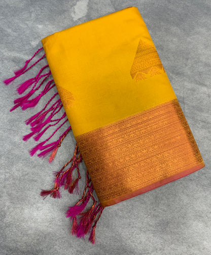 Soft Vegan Silk Saree Yellow Colour with Pink and Copper Border