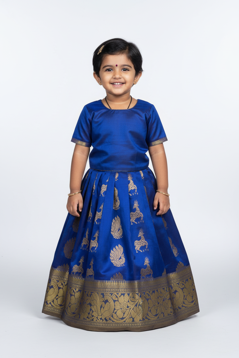 Blue Shade Pure Kanchipuram Kids Pattu Pavadai with Contrast Border for Newborn to 2 Years