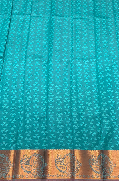 Synthetic Cotton Saree Rama Green Colour with Golden Floral Design Border