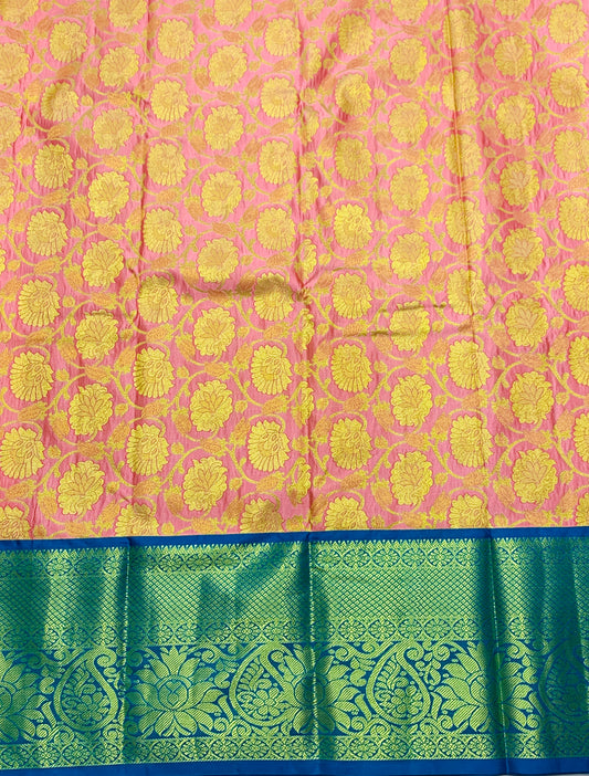 Baby Pink shade Vegan Silk Kids Pattu Pavadai with Contrast border for age 5 to 10