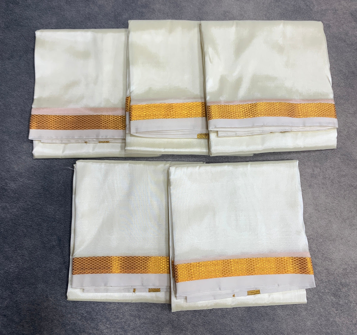 Art Silk Pooja Towel Cream with Small Gold Zari Border - Pack of 5