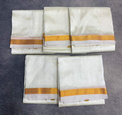 Art Silk Pooja Towel Cream with Small Gold Zari Border - Pack of 5