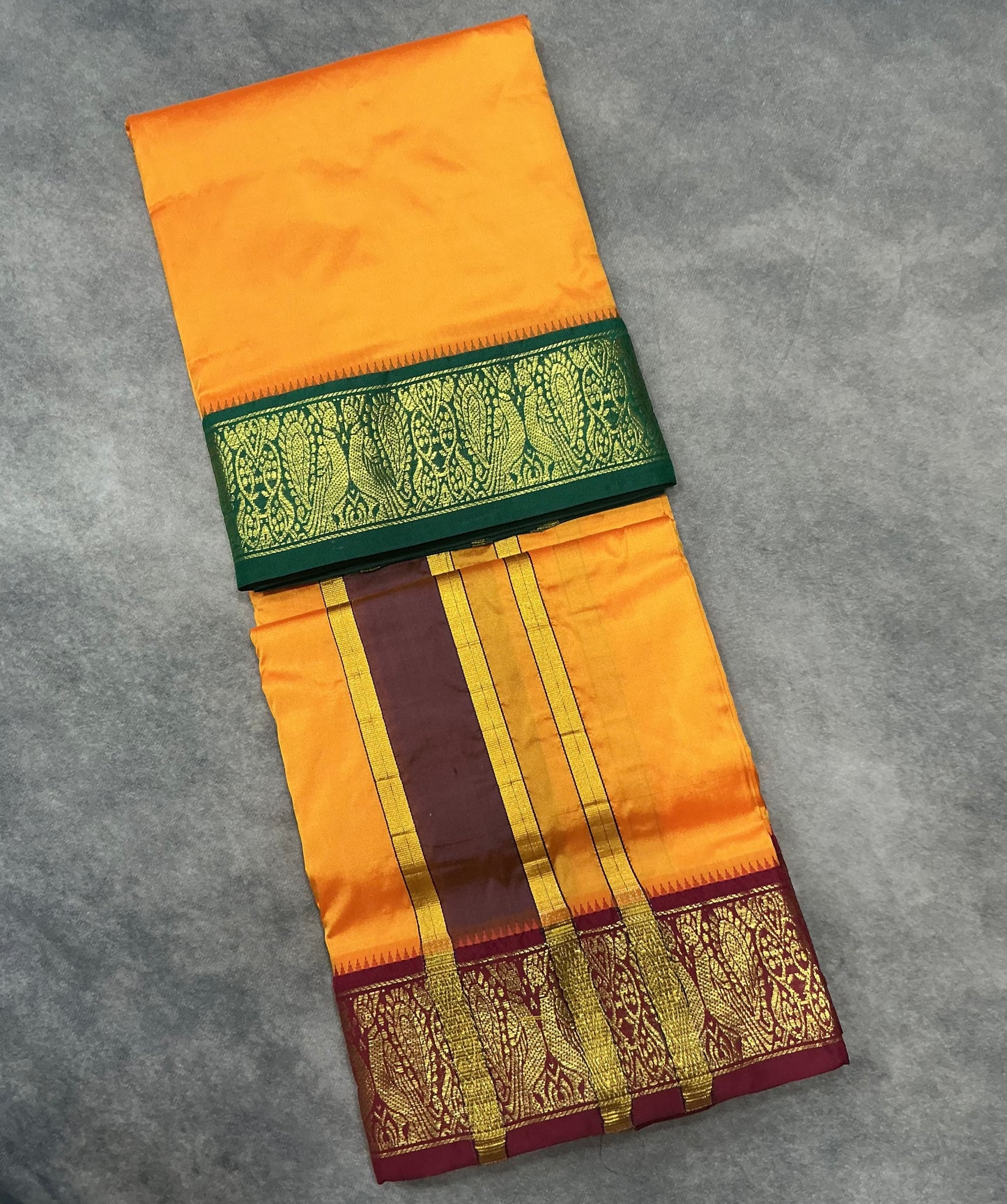 9X5 Pure Silk Dhoti Mango Yellow Colour with Green and Maroon Ganga Jamuna Border