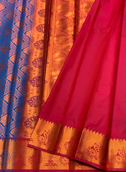 Vegan Silk Saree Sky Blue Colour with Pink and Copper Border