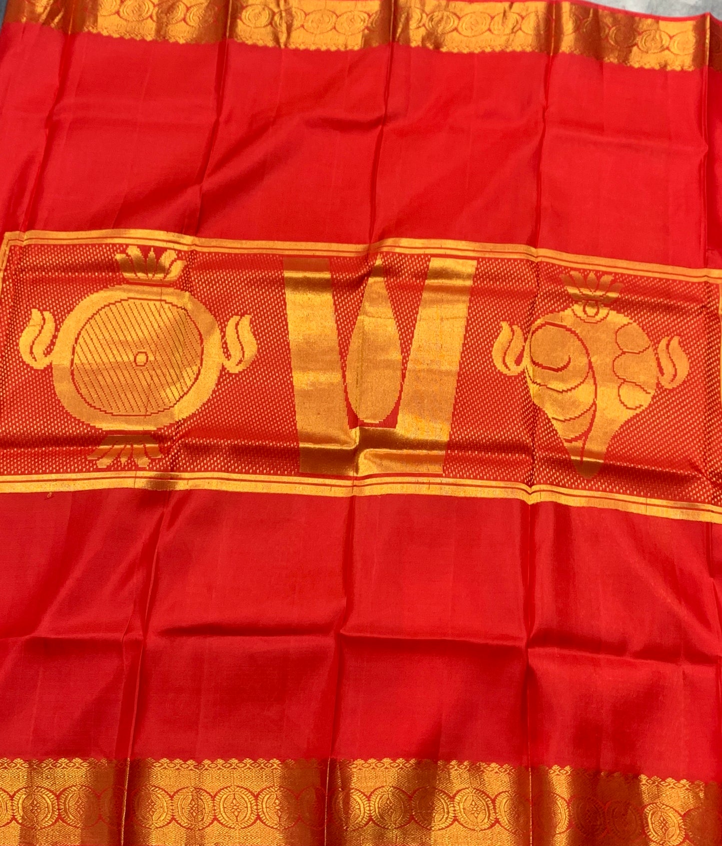 6 Mulam Silk Pooja Towel Red Colour with Golden Border