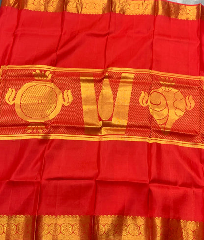6 Mulam Silk Pooja Towel Red Colour with Golden Border