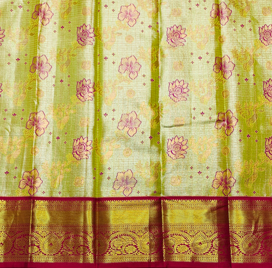 Light Elaichi Green Shade Vegan Silk Kids Pattu Pavadai with Contrast border for age 2 to 5