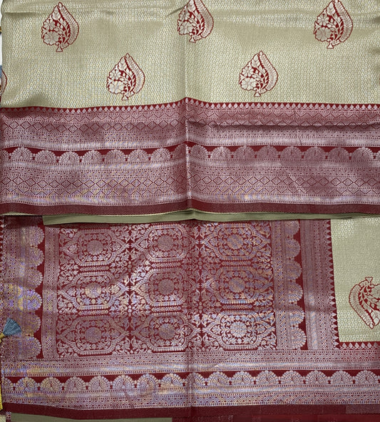 Art Silk Saree Light Pista Green Colour with Maroon Border