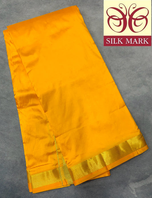 9X5 Pure Silk Mango Yellow Colour Dhoti with Golden Zari Border