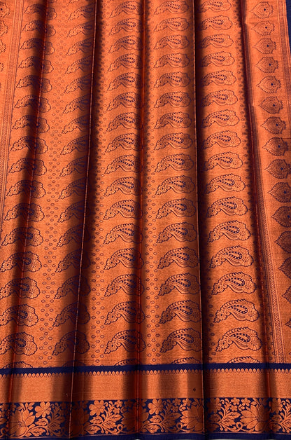 Vegan Silk Saree Maroon Colour with Copper and Blue Border