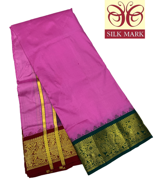 9X5 Pure Silk Dhoti Baby Pink Colour with Green and Maroon Ganga Jamuna Border